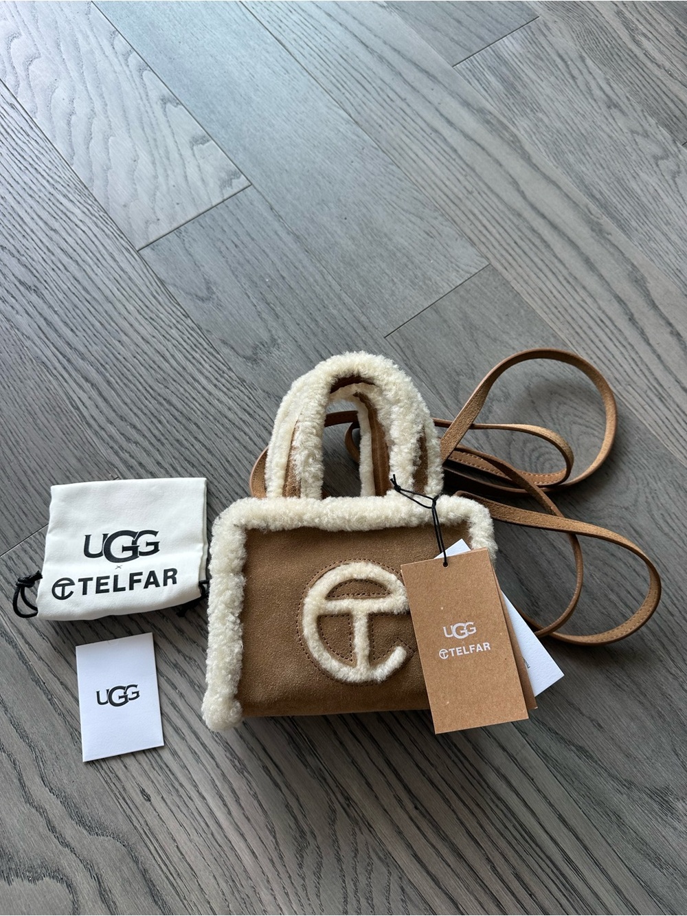 UGG Brown Mini Shearling-Trim Tote with Cream Accents